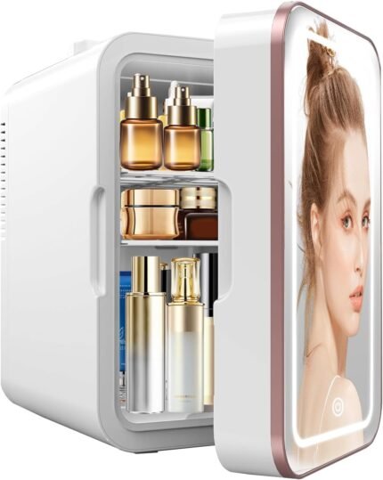 Skincare Fridge, 6L/10 Can Mini Fridge for Bedroom with Dimmable LED Mirror