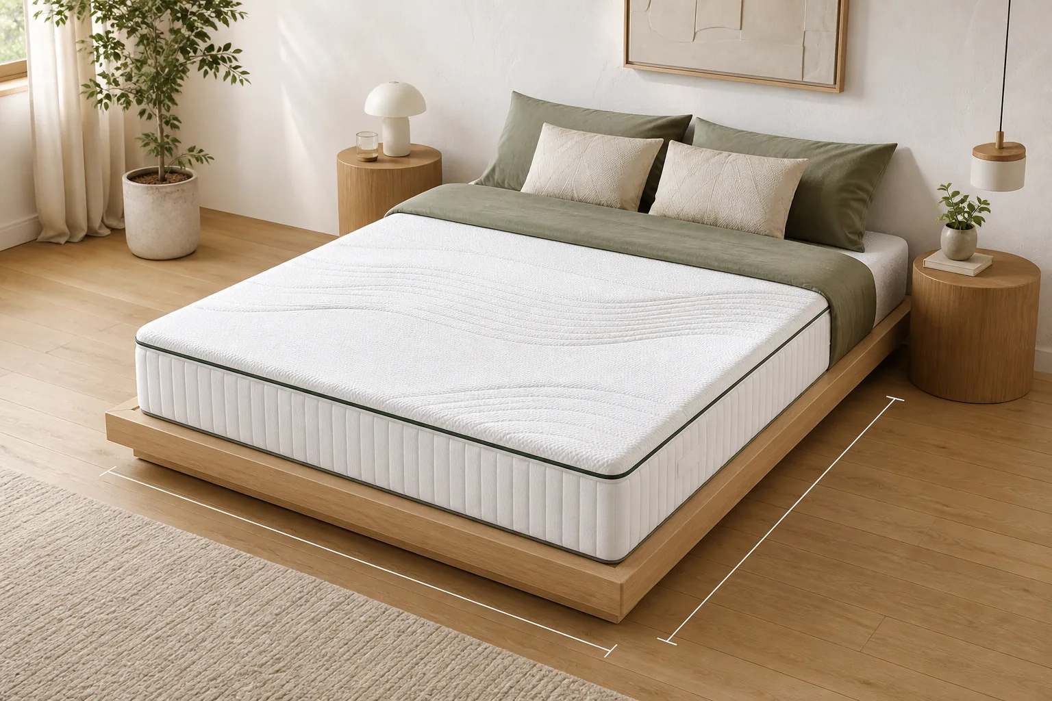 MOOA queen hybrid mattress in a modern bedroom for size and setup guidance