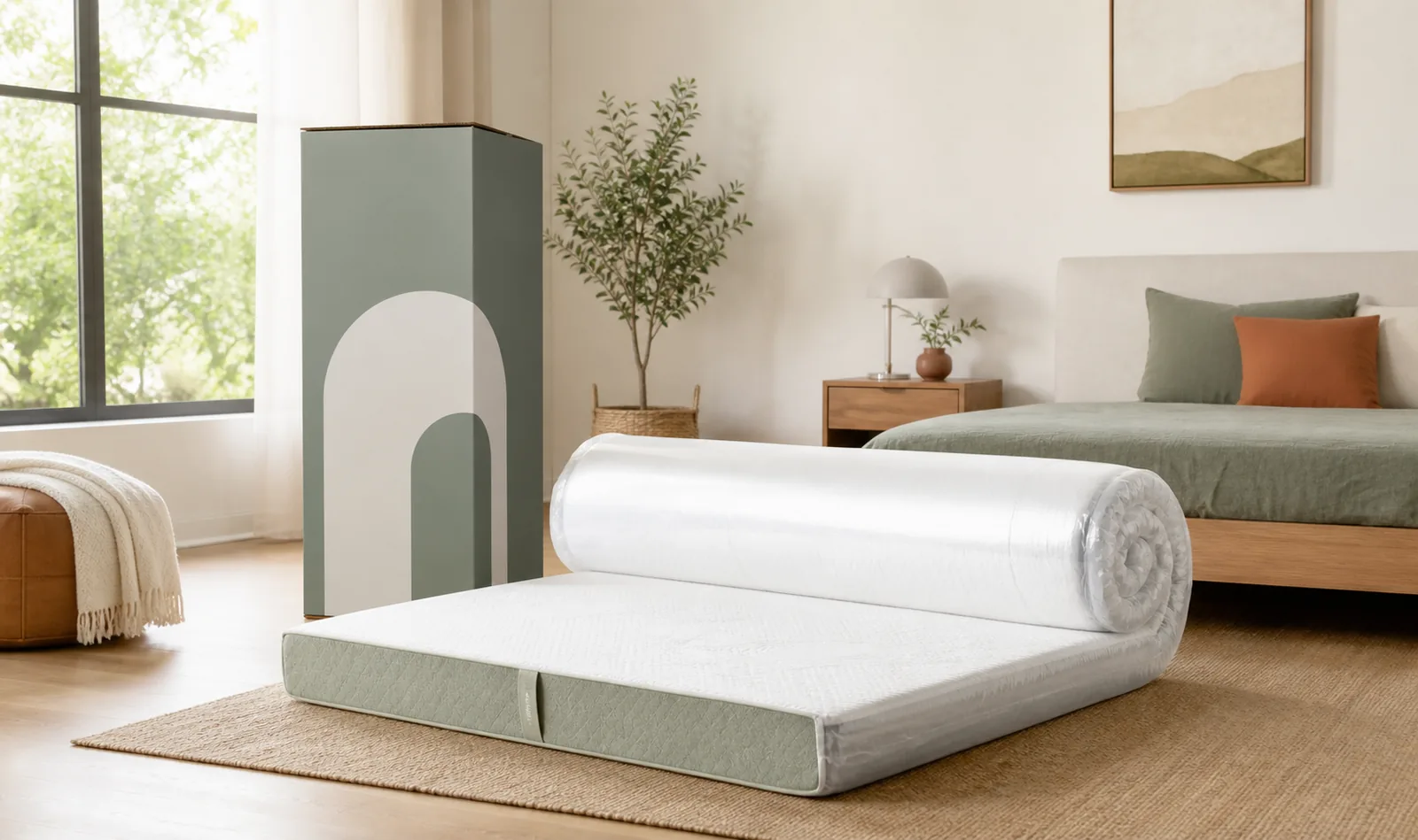 MOOA mattress in a box setup beside a queen bed