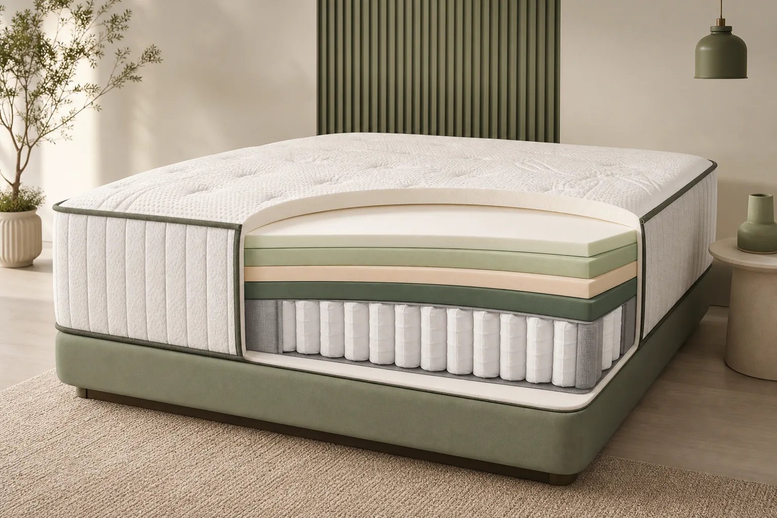 MOOA 12 inch hybrid mattress layer cutaway with breathable foam and pocket coils