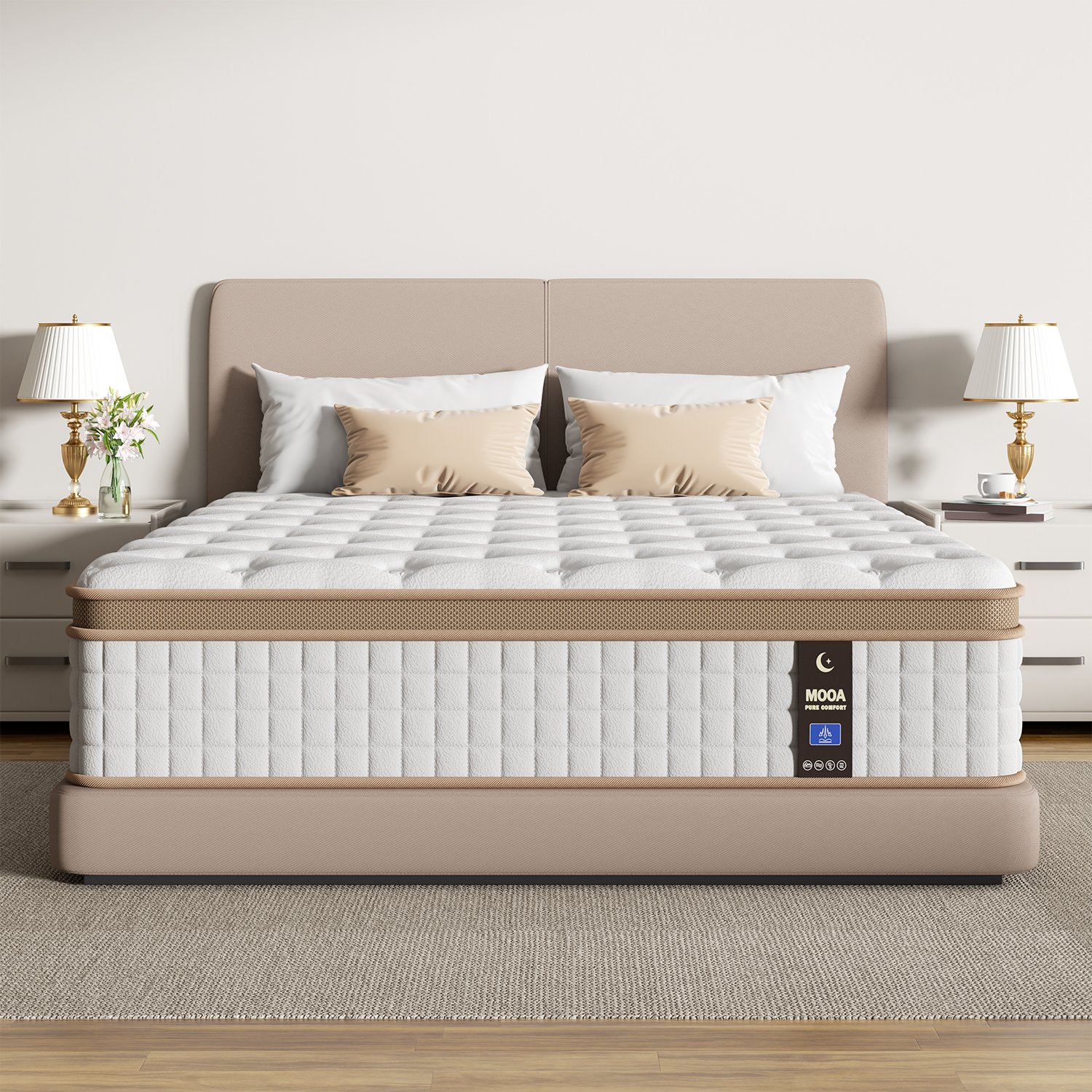 MOOA mattress in a warm bedroom setting